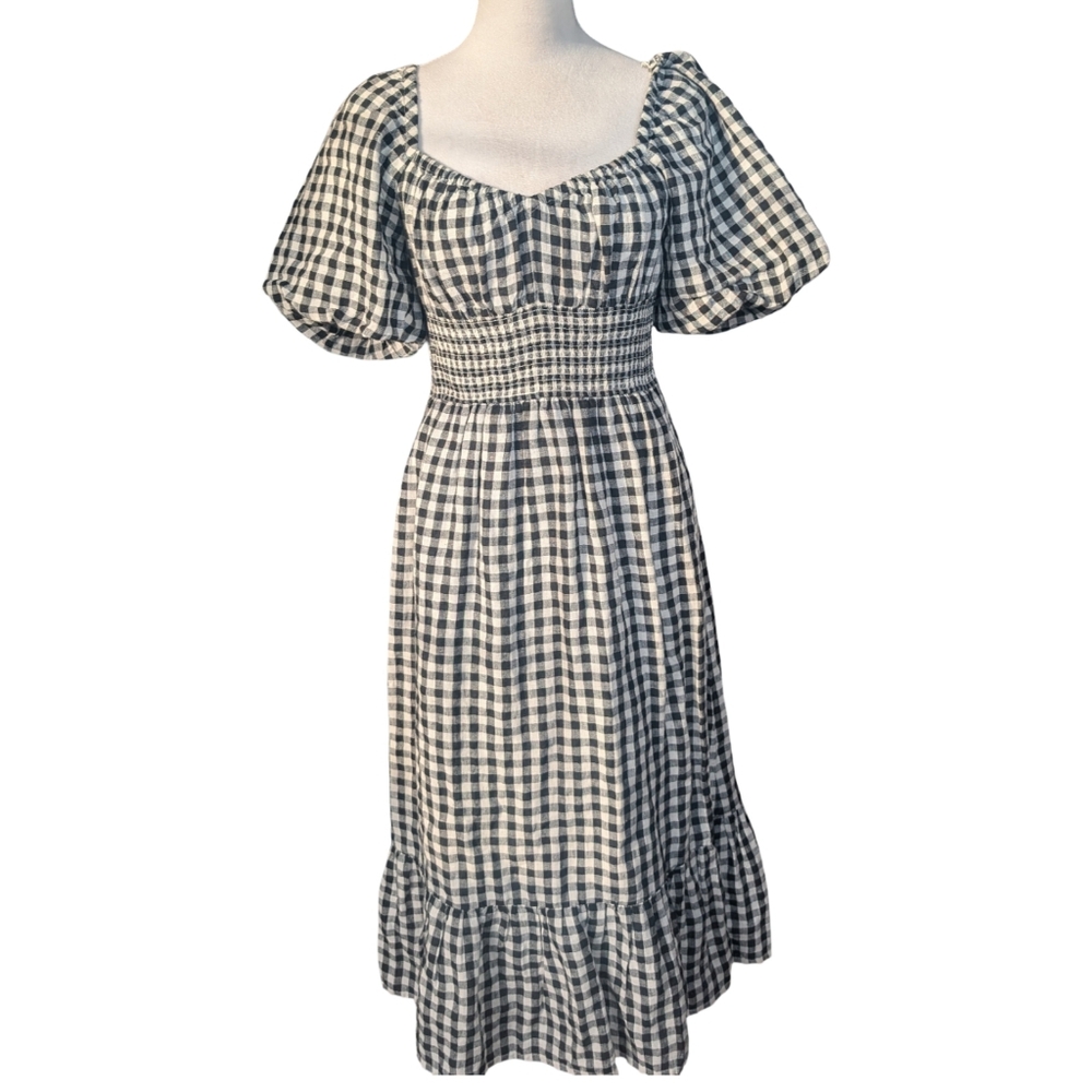 J.Crew Gingham Linen Smocked Midi Dress Small
